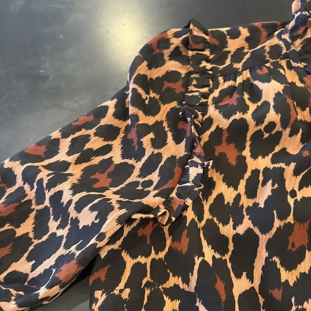 J Crew Leopard Print Dress tie neck tiered in crinkle chiffon pullover Sz Medium